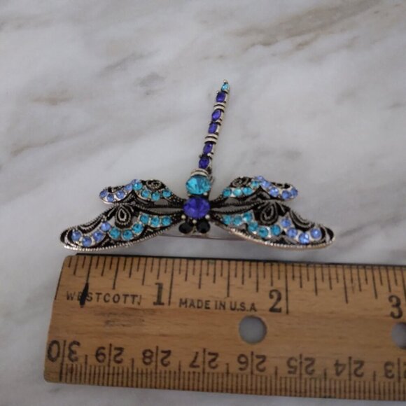 Silver Tone Blue Rhinestone Dragonfly Brooch Pin - Picture 6 of 6